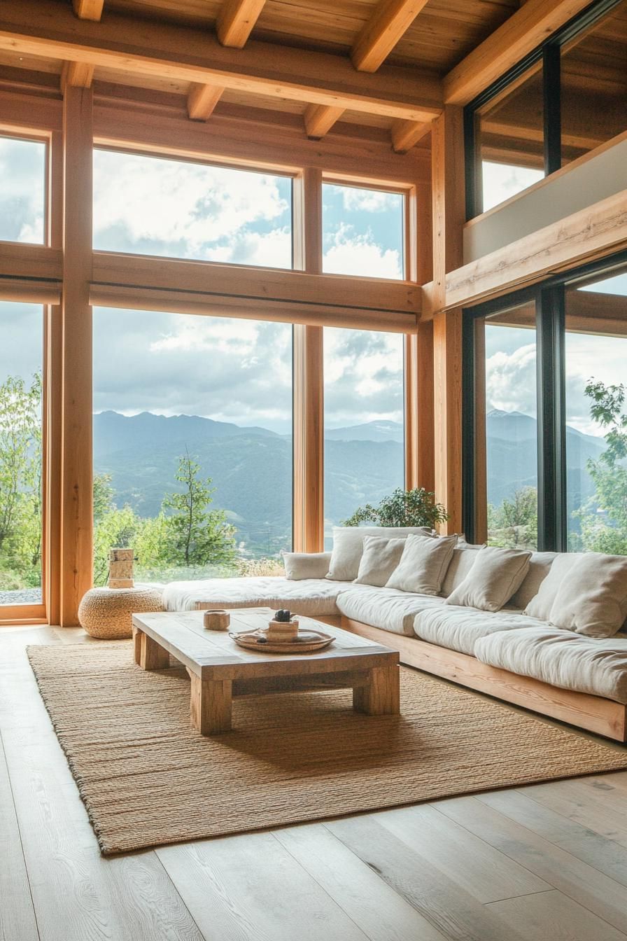 modern zen style home interior with reclaimed wood accents large windows overlooking mountains 2