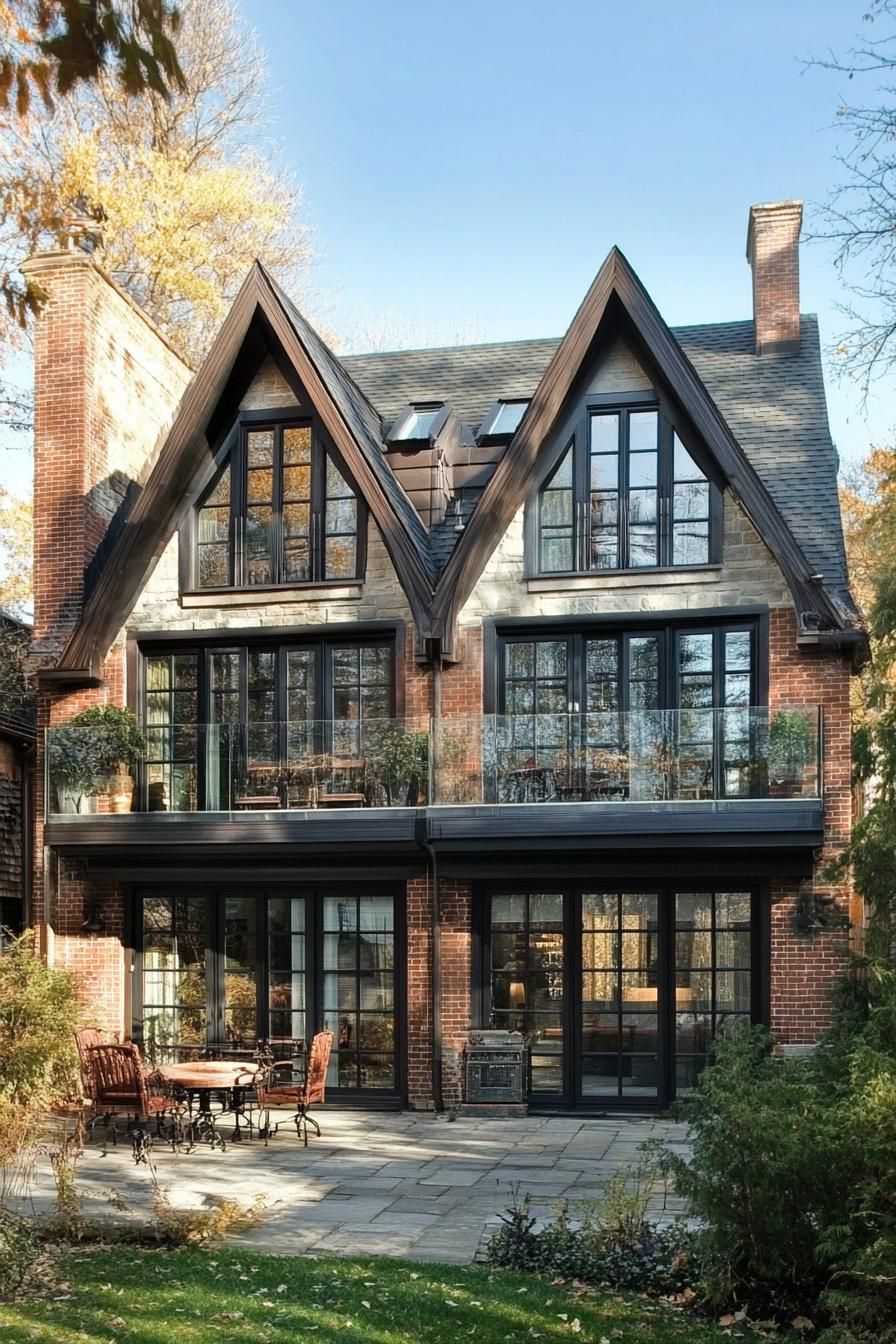 English cottage style townhouse with second story balcony with glass railings 3