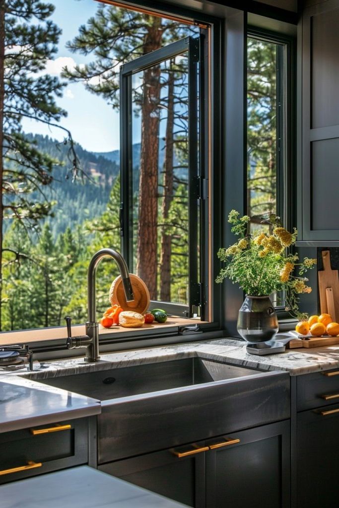 kitchen open window mountain view