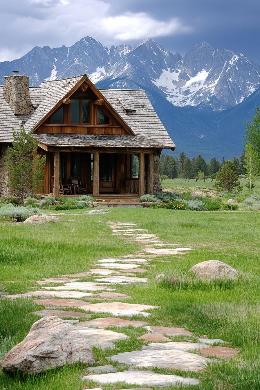 rustic two story ranch with porch stone paths grass rocky mountains in the background 3