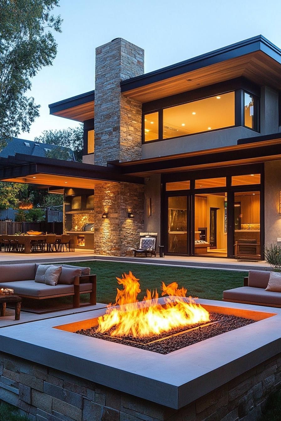modern house yard firepit lounge area