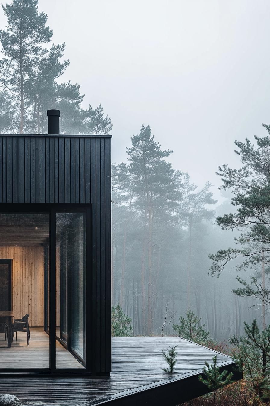 modern rustic wood house facade in aluminum framing Scandinavian misty forest 3