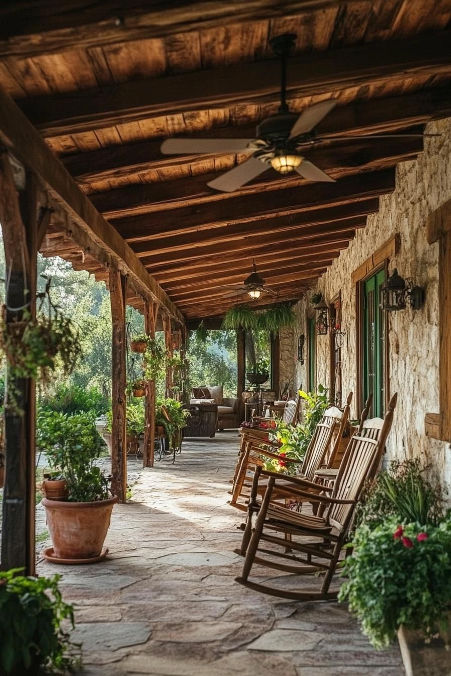 ranch house rustic porch potted plants ceiling fan wooden chairs
