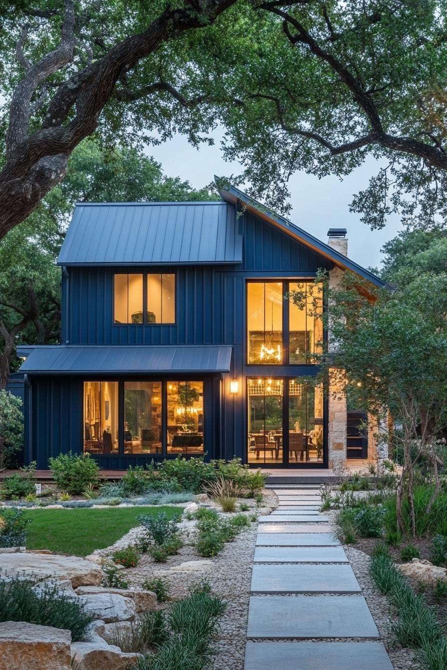 modern barndominium house deep navy blue facade with wrough iron ligh fixtures landscape with lush trees 3