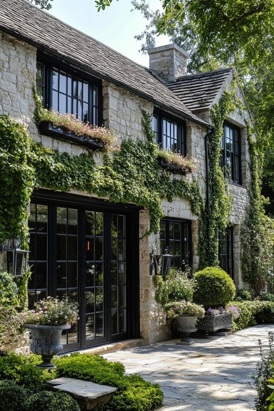 English cottage house pastel shade stone facade climber vines flower boxes under windows large black glass doors stone path along the facade with shrubs 3