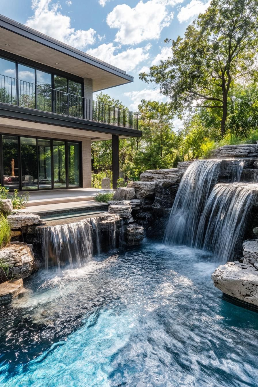 modern house backyard pool rock waterfall feature 2