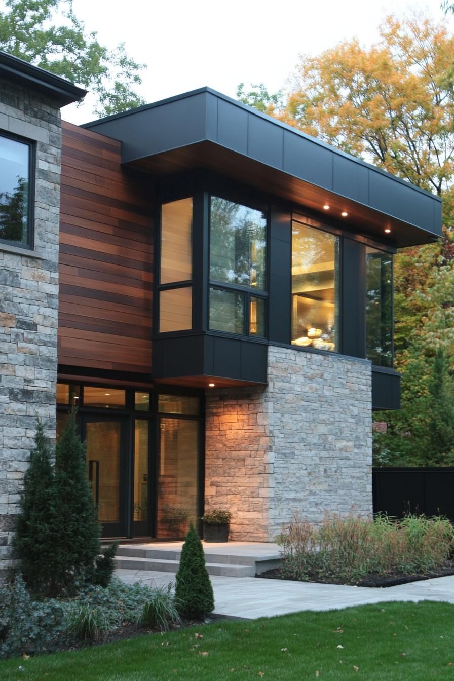 modern French house facade textured metal panels in assymetrical shapes
