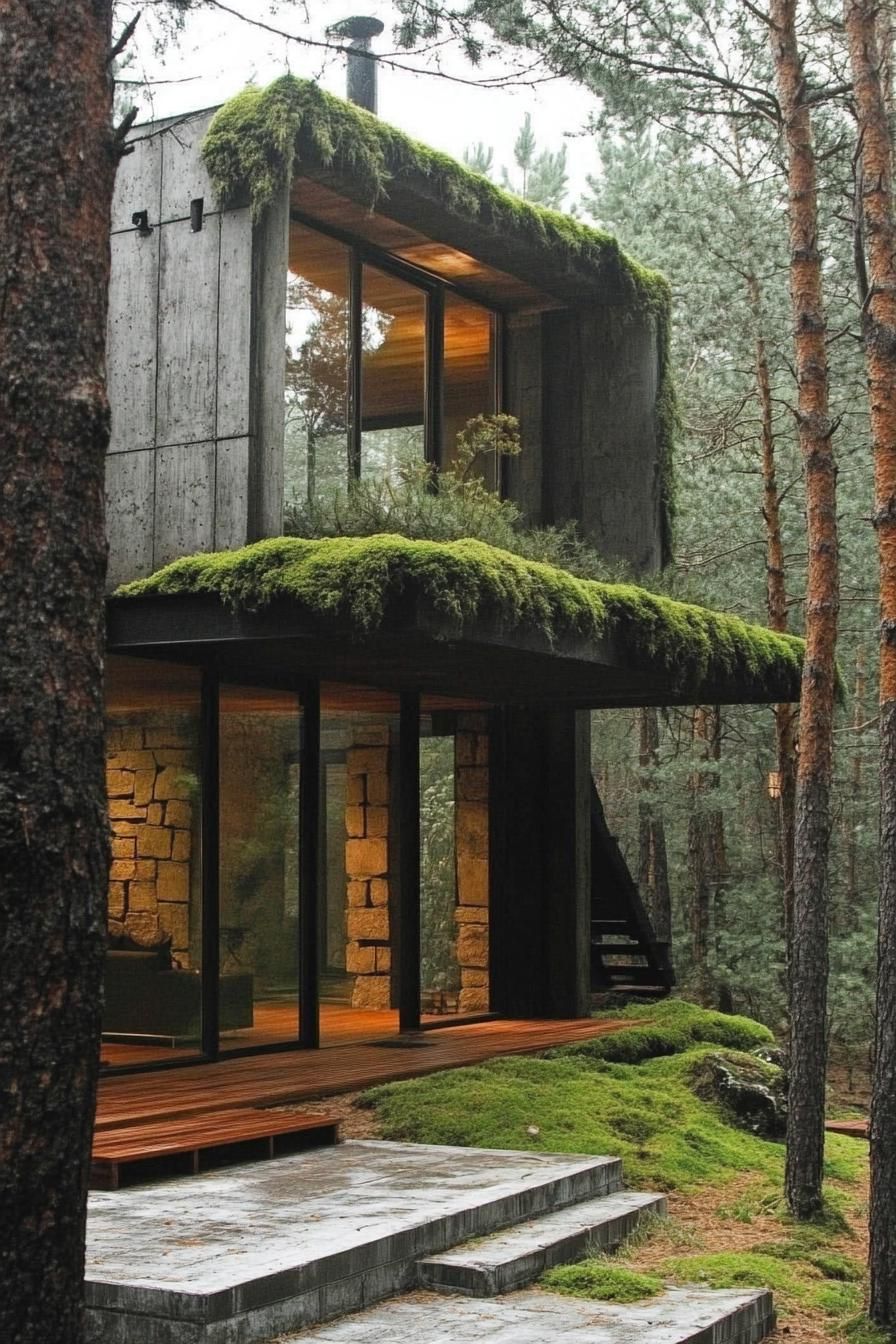 modern forest house moss covered cottage facade in pine forest