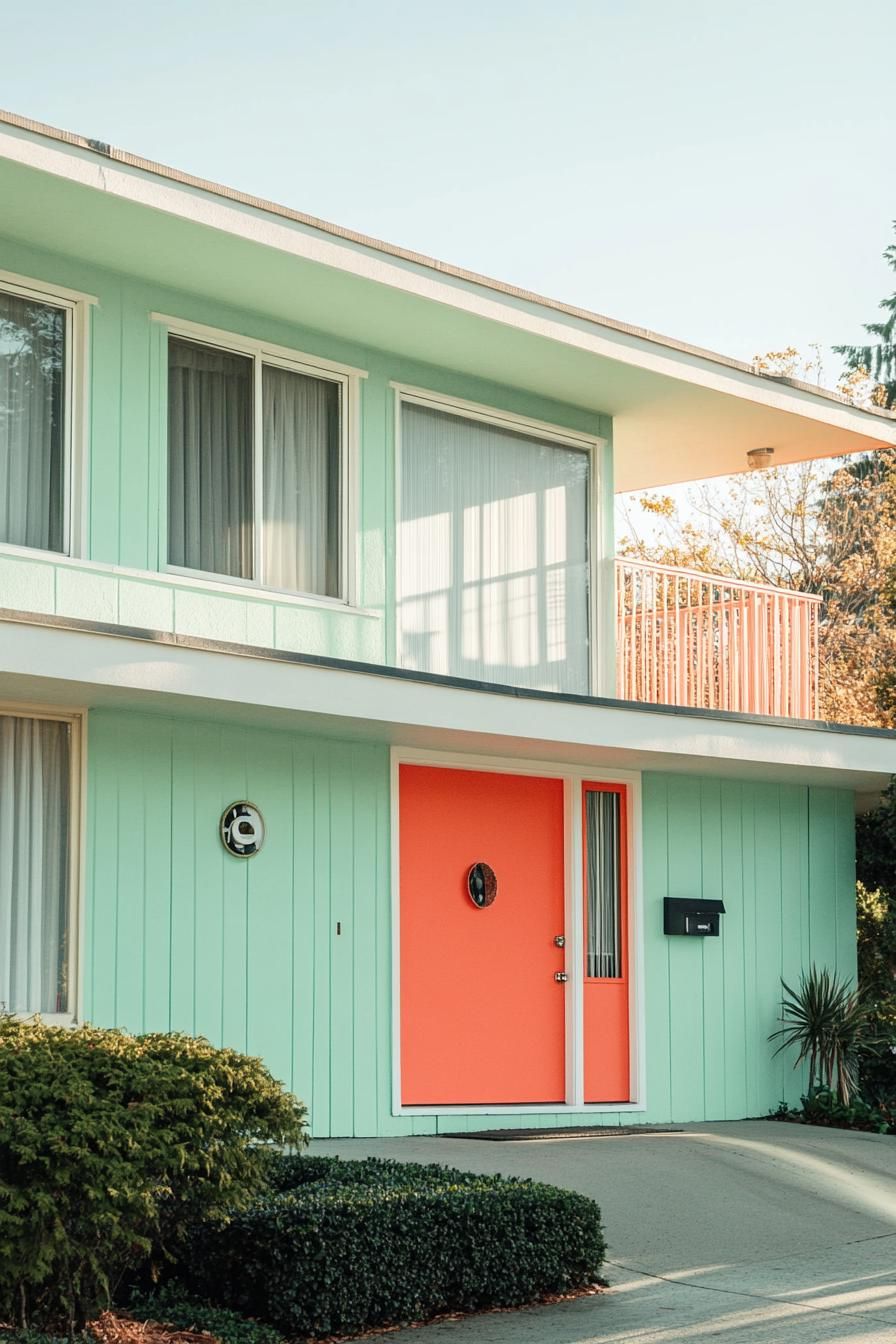 mid century modern house facade in soft mint green and vibrant orange highlights 3