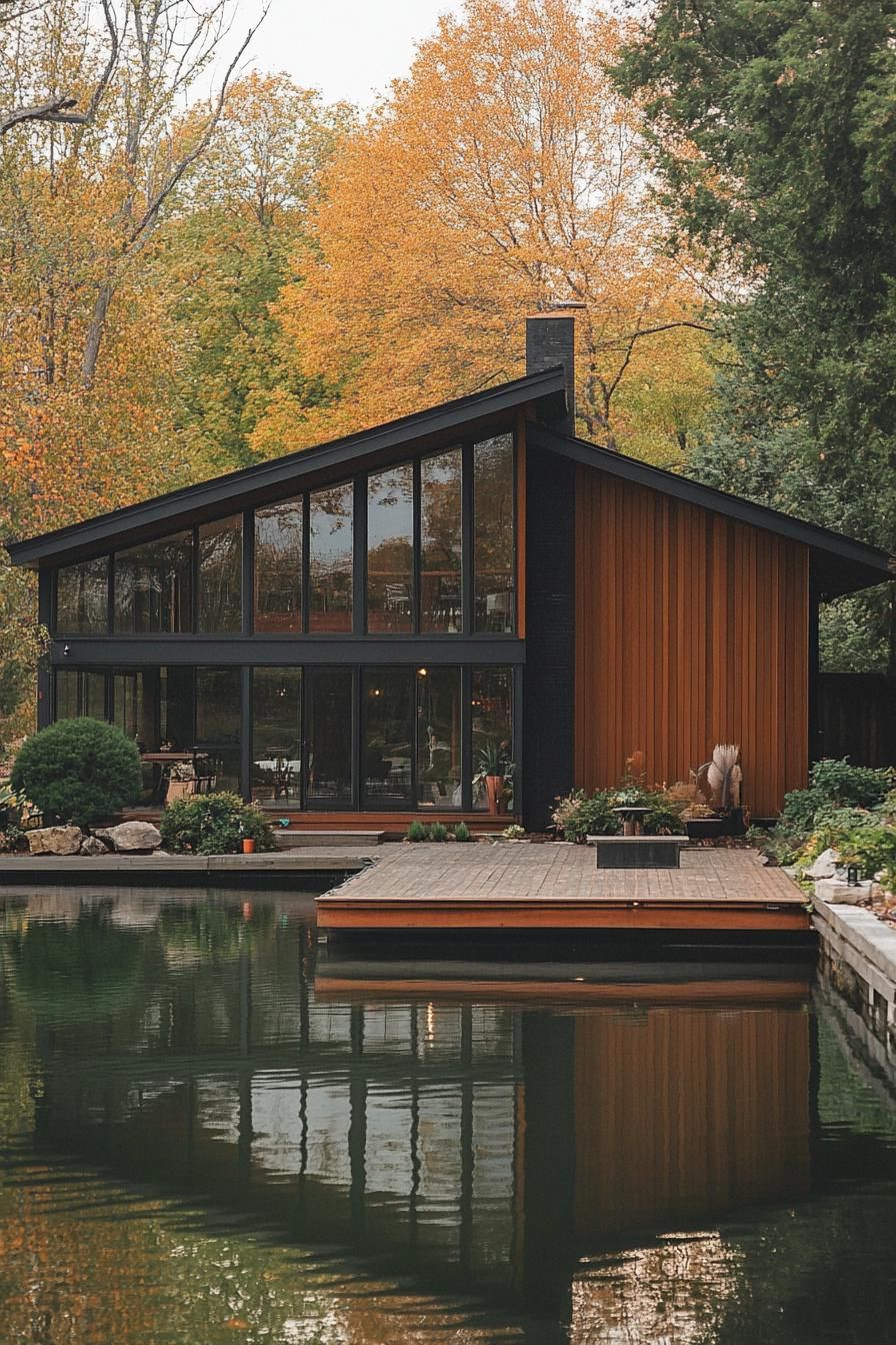 70s midcentury house facade with vertical and horizontal siding lakeside yard with dock
