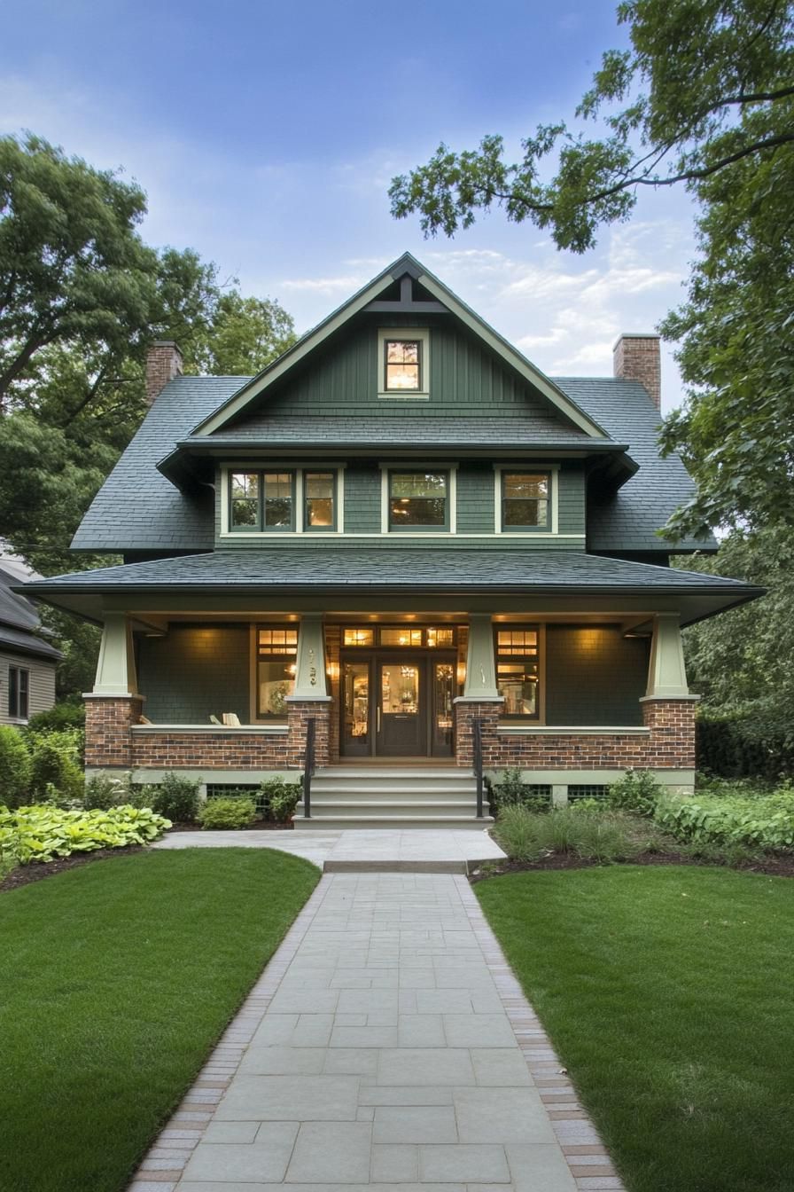modern craftsman house in laurel green siding forest green roof multi pitch roof multi dormers white window trim extended porch with columns on 2