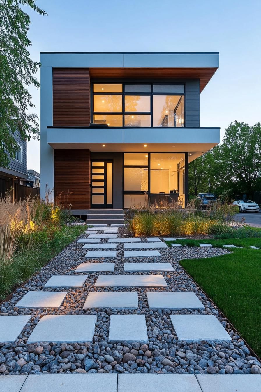 modern house front yard with permeable stones paving Scandinavian landscape 2