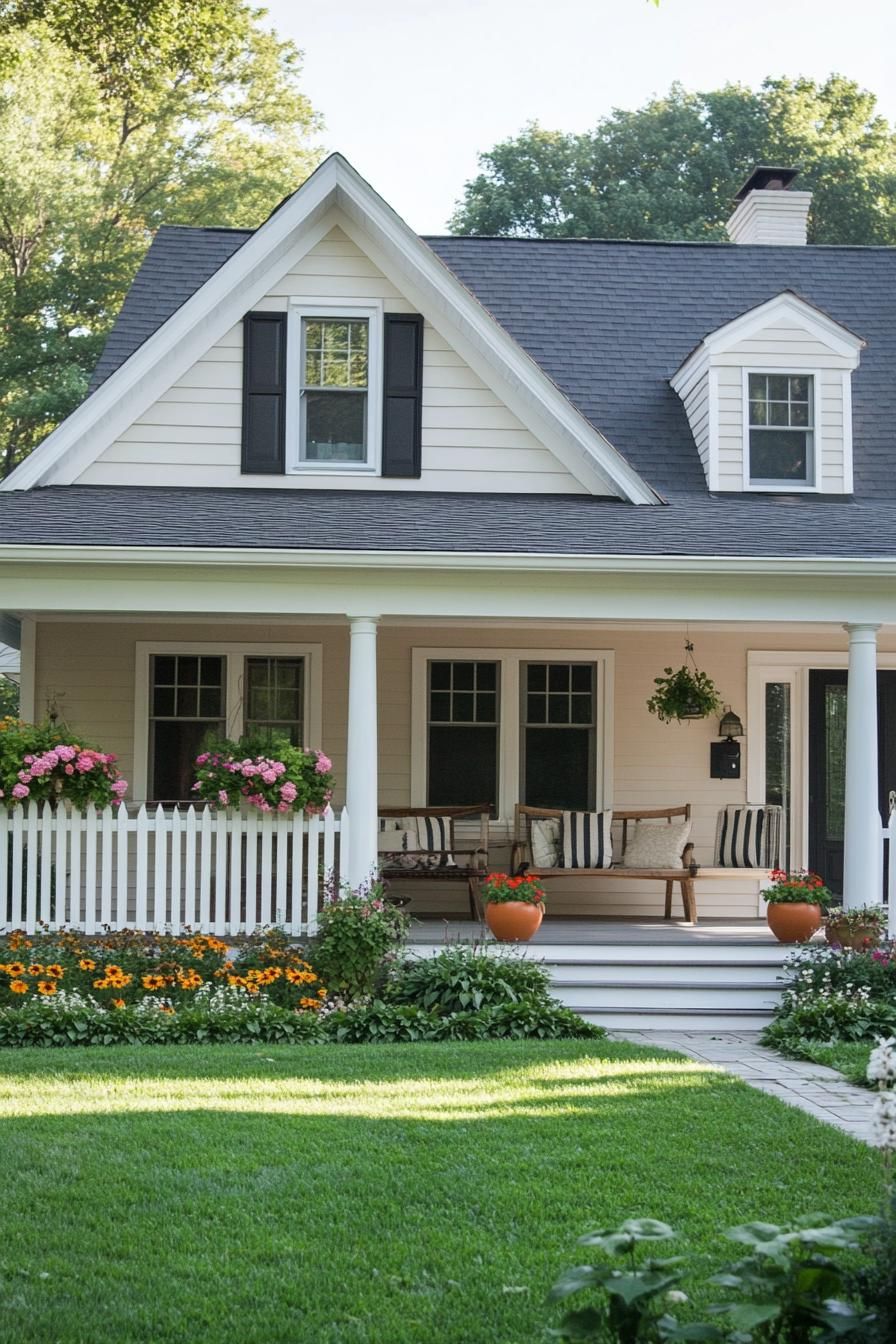 80s house modern exterior makover gable roof front porch with a bench flower pots green front yard lawn picket fence 2