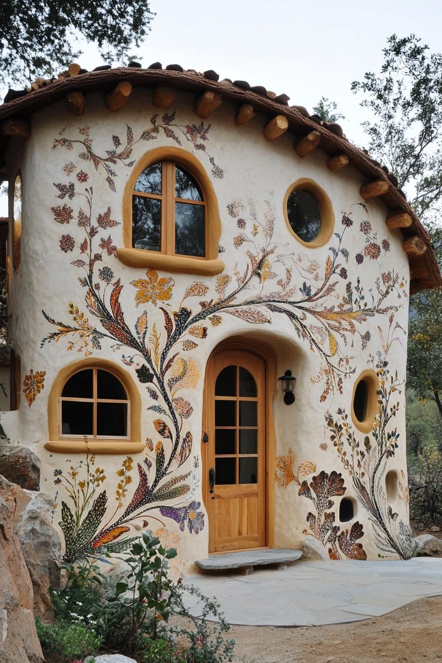 modern cob house facade ith floral pattern exterior 2