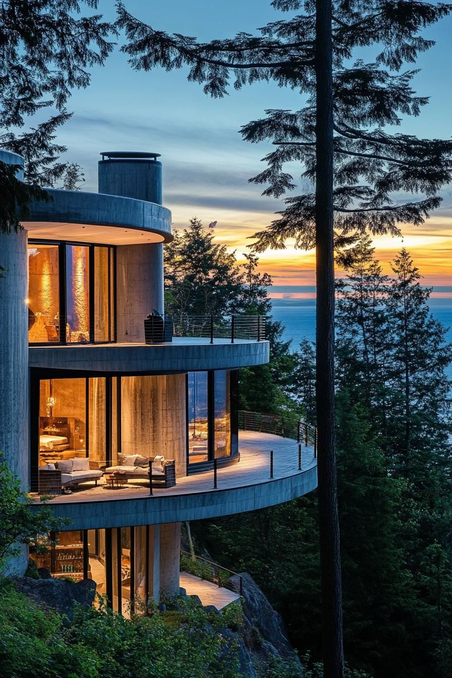 modern mountain top house with cylinder facade and 360 deck stunning ocean island views