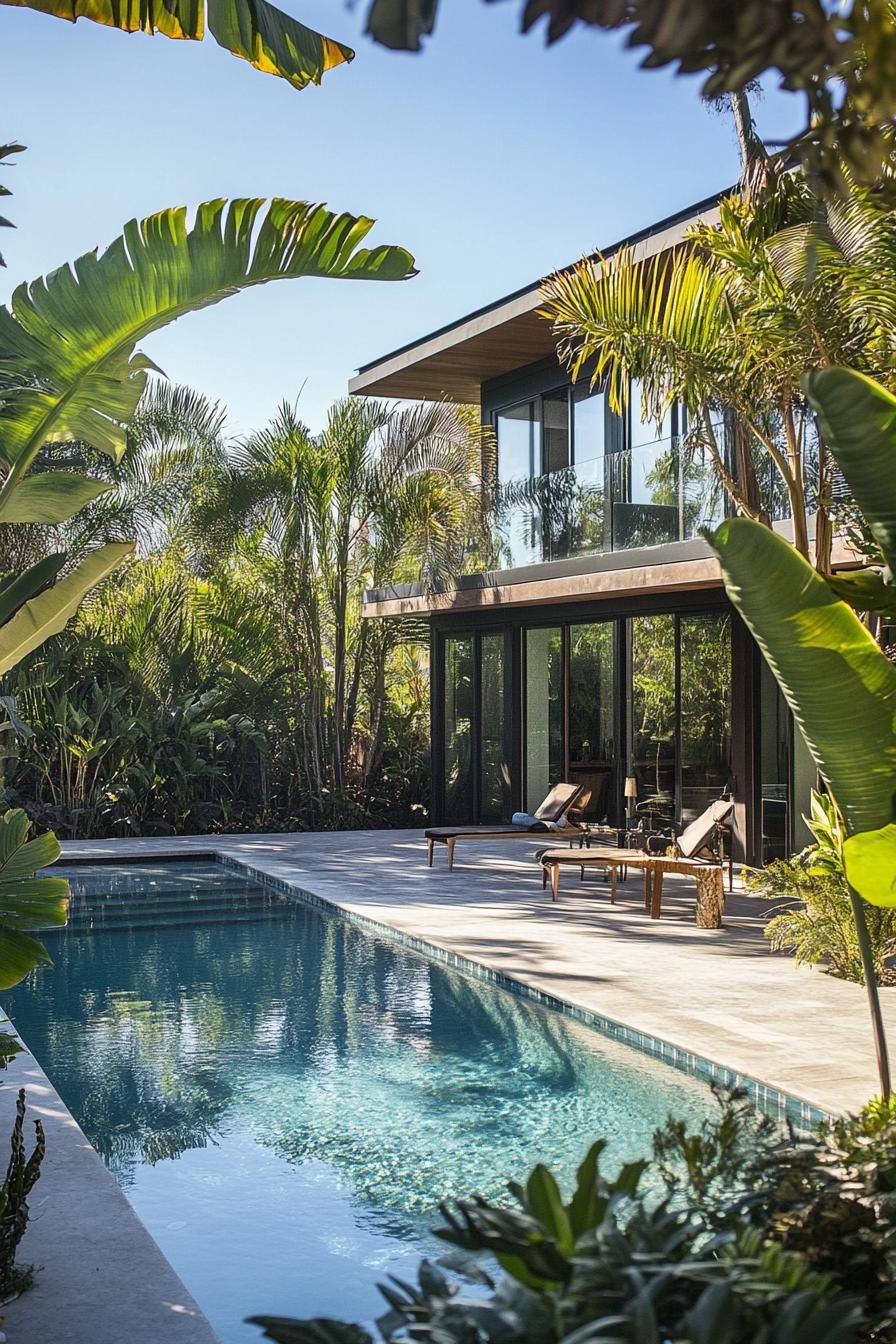 modern house backyard pool landscape with lush tropical plants