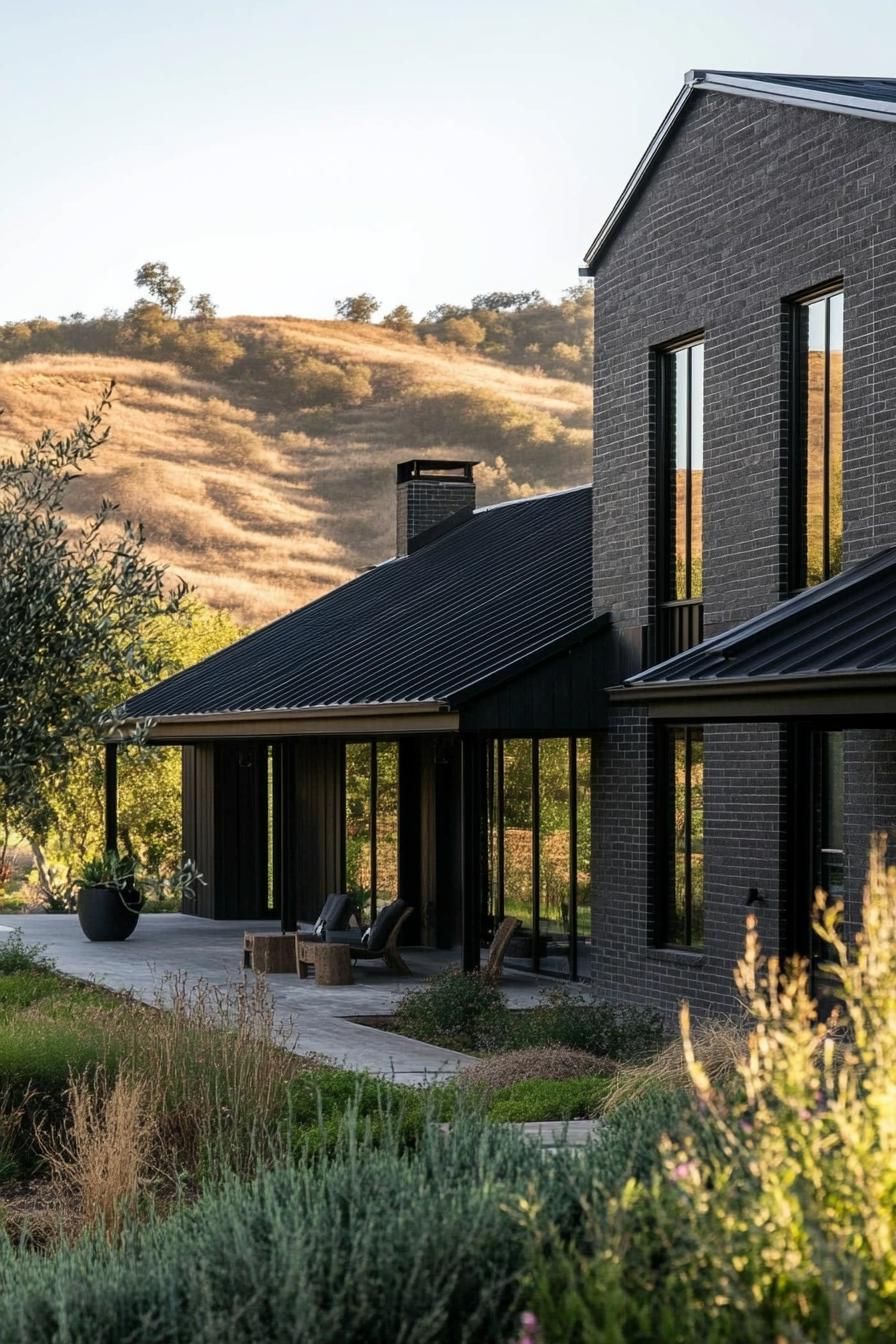 Matte Black Metal Roof With Dark Brick Walls
