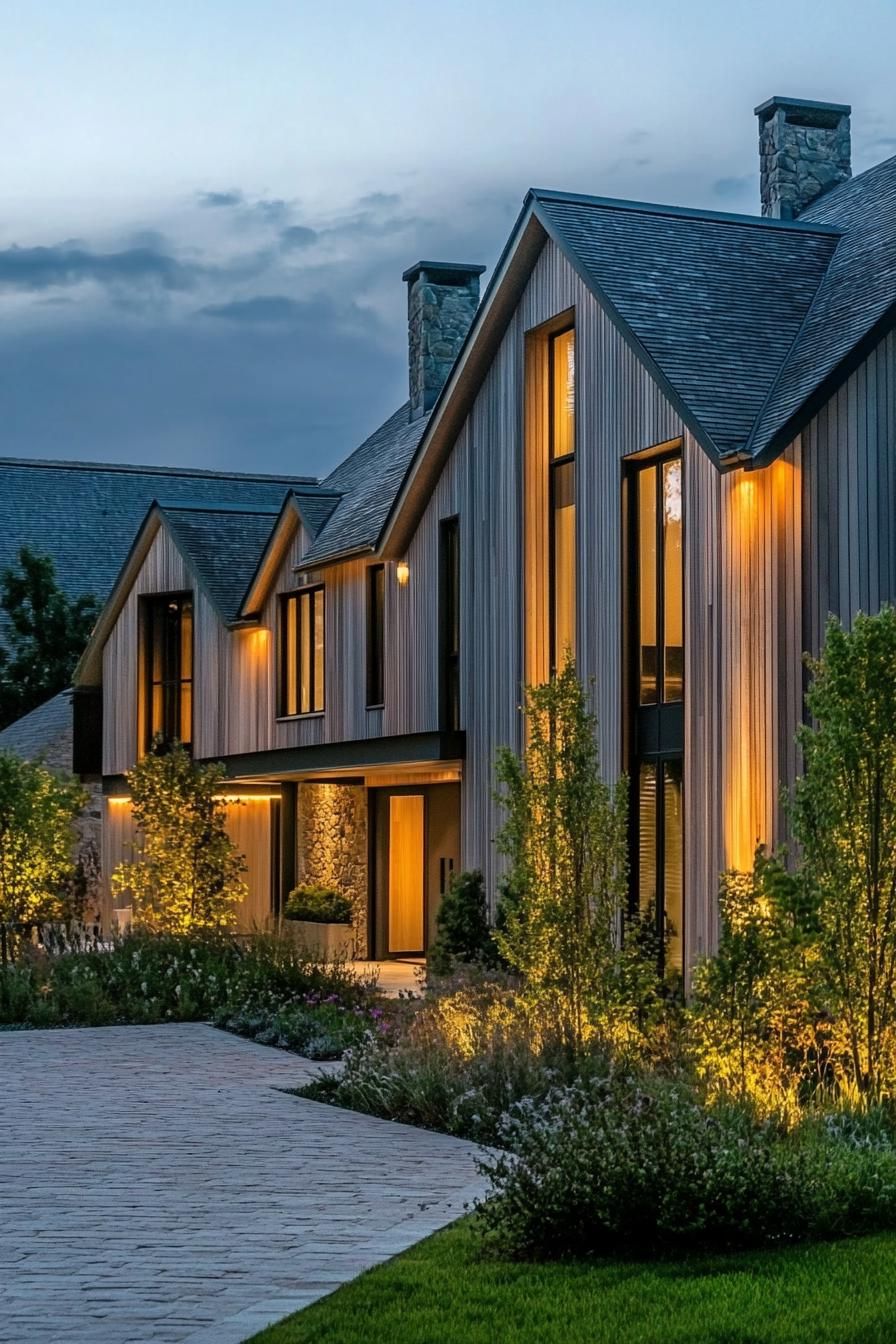 modern French house facade with vertical wood slats LED lighting French country side in winder