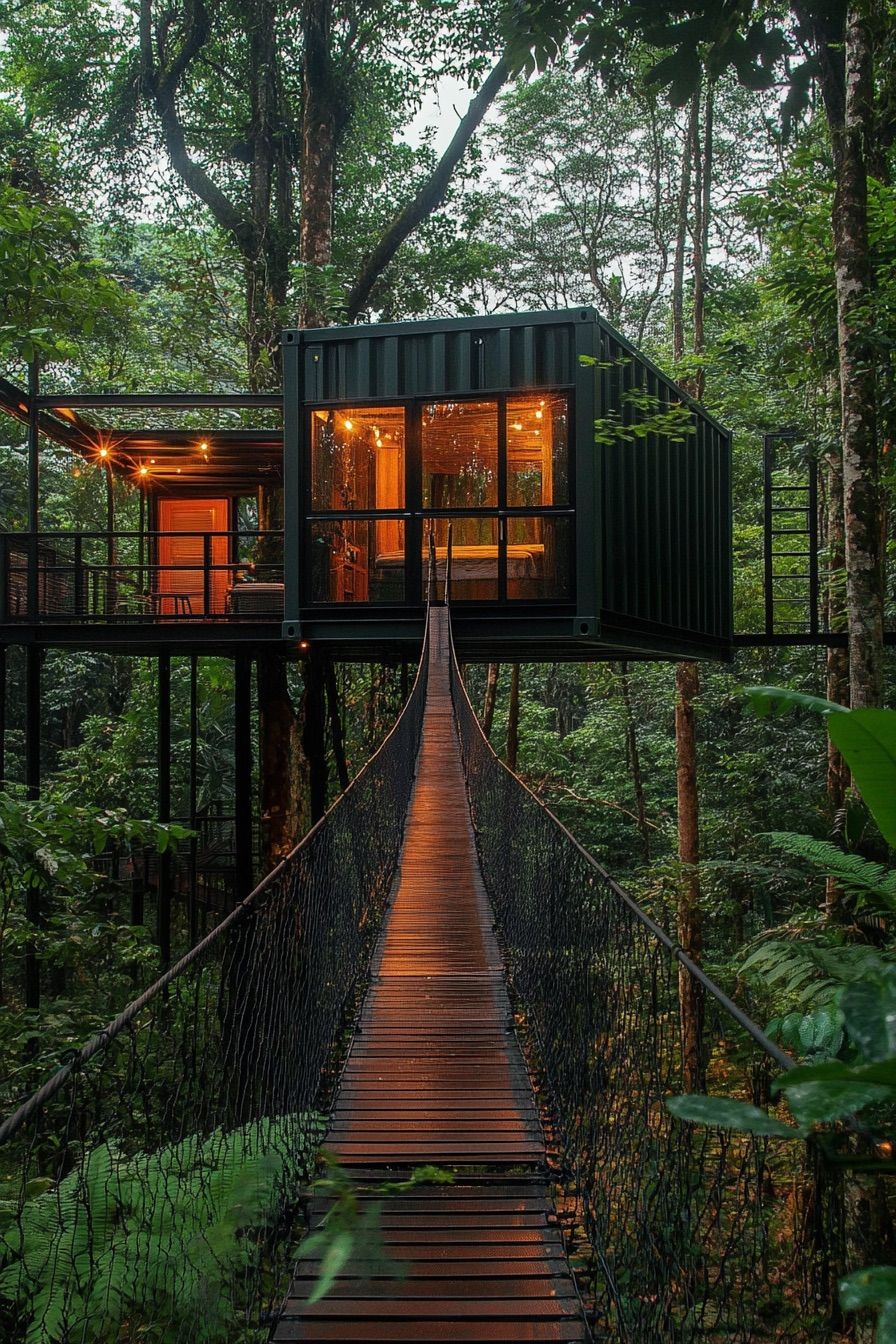 shipping container tree cabin suspended bridge 2