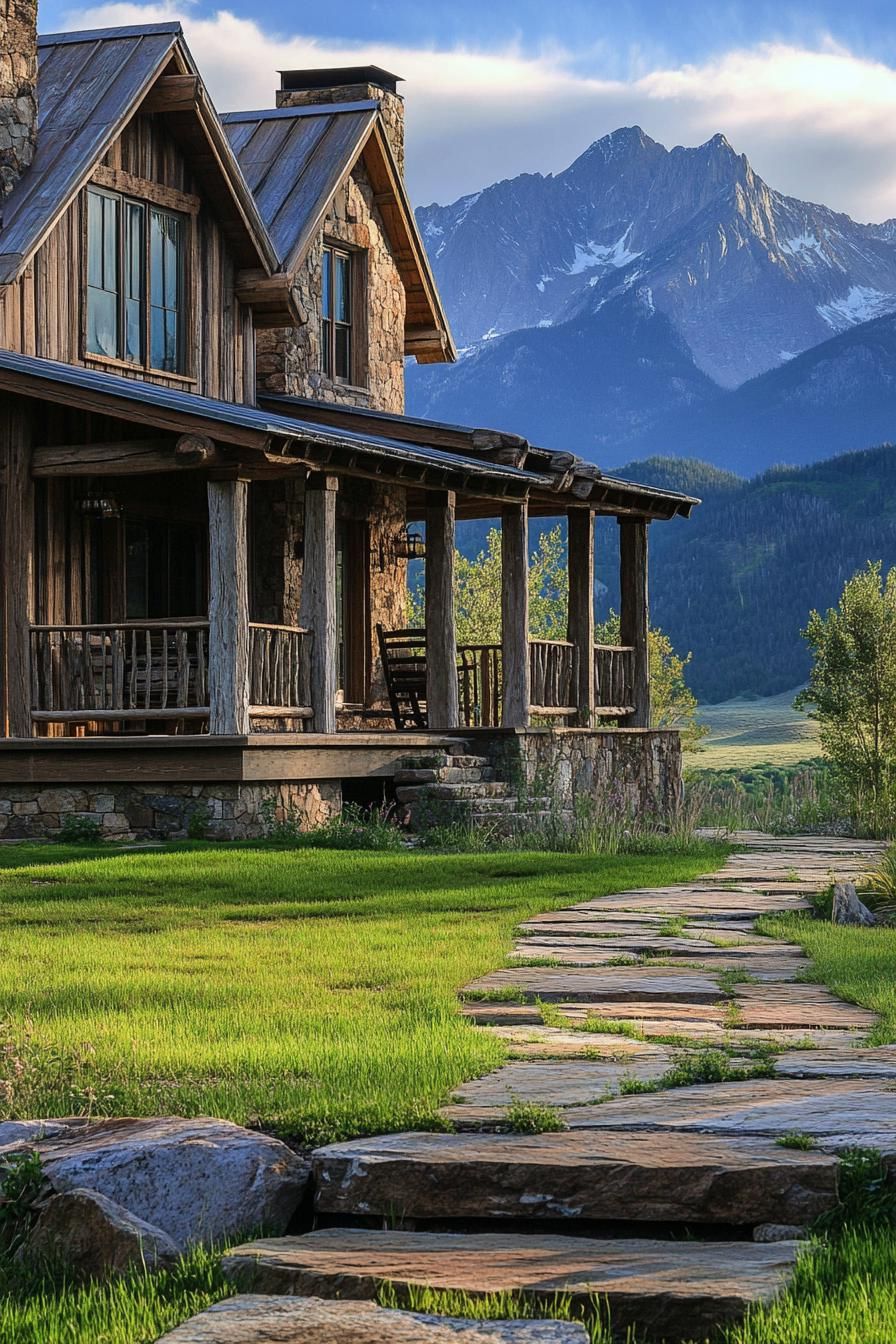 rustic two story ranch with porch stone paths grass rocky mountains in the background 2