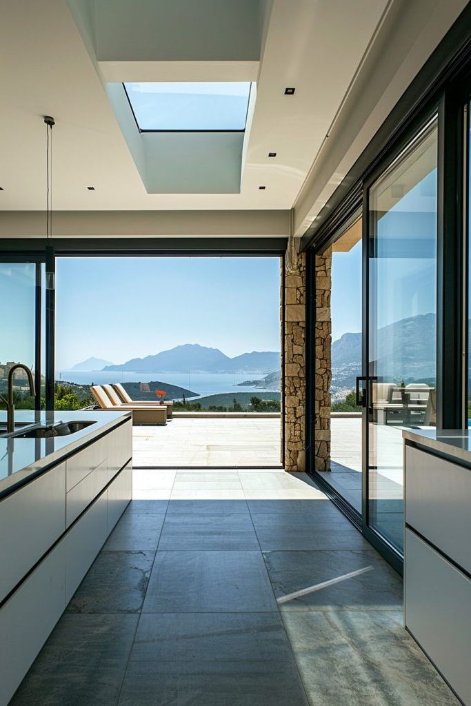 kitchen sliding door patio overlooking mountains and sea