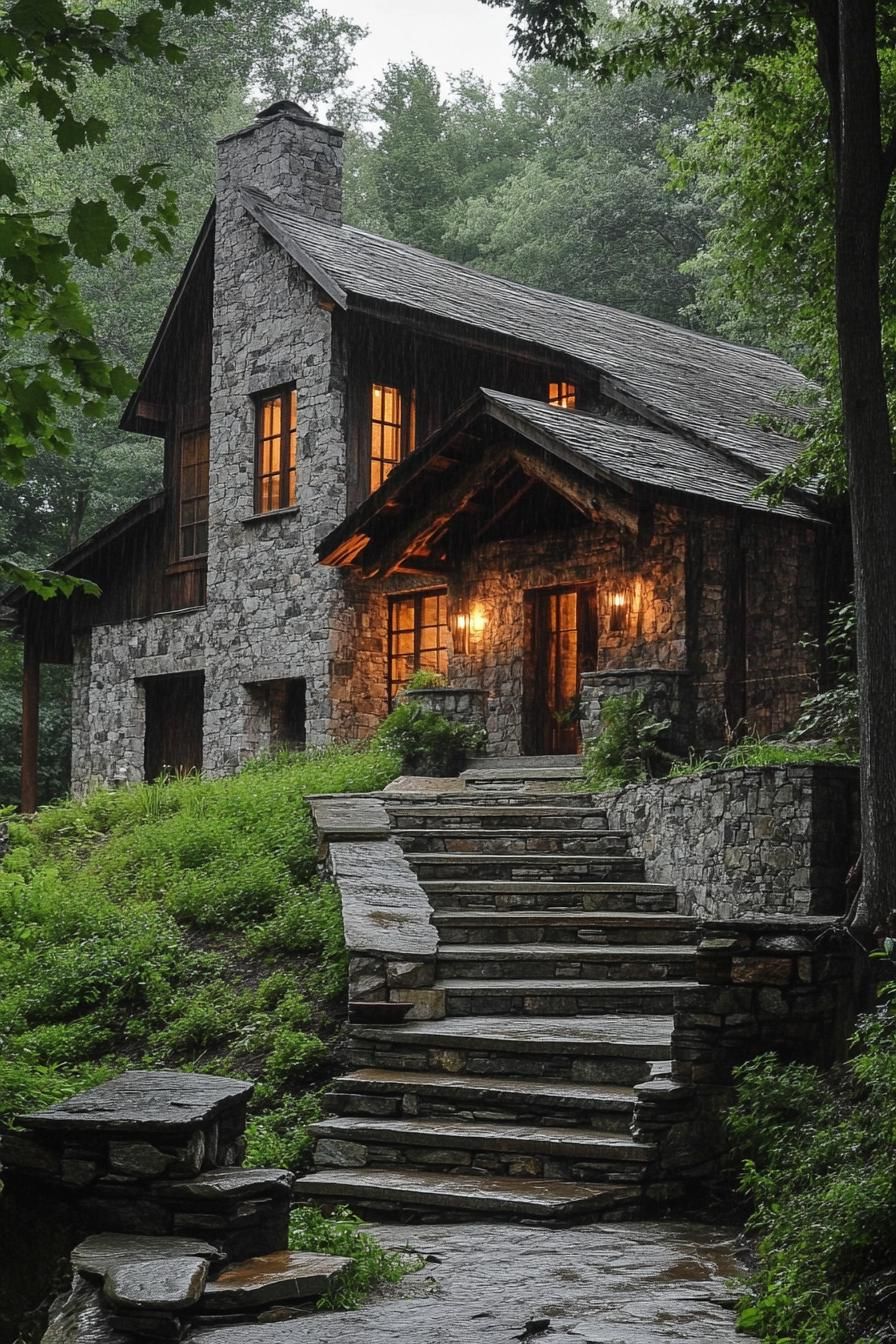 modern rustic stone and wood cottage house in deep mountain forest 3