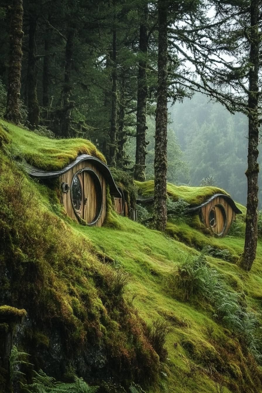 mountain forest glade with mossy hillside modern hobbit houses 3