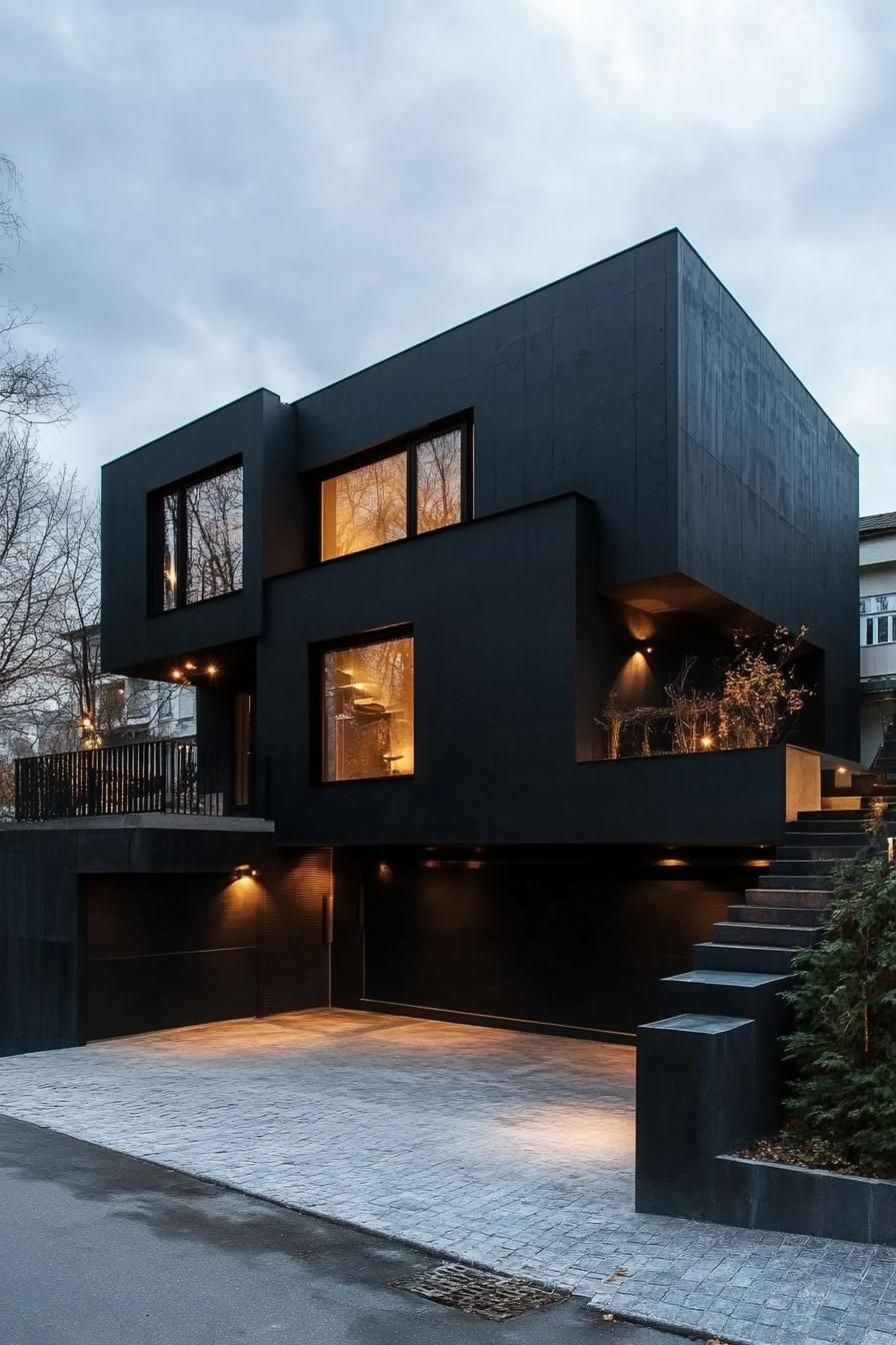 modern dark house black steel and concrete facade