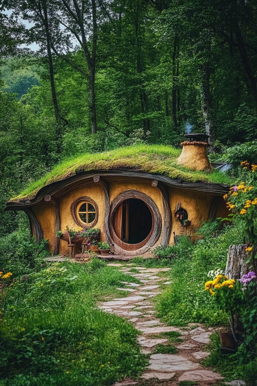 hobbit style earthen house in the mountain forest clearing
