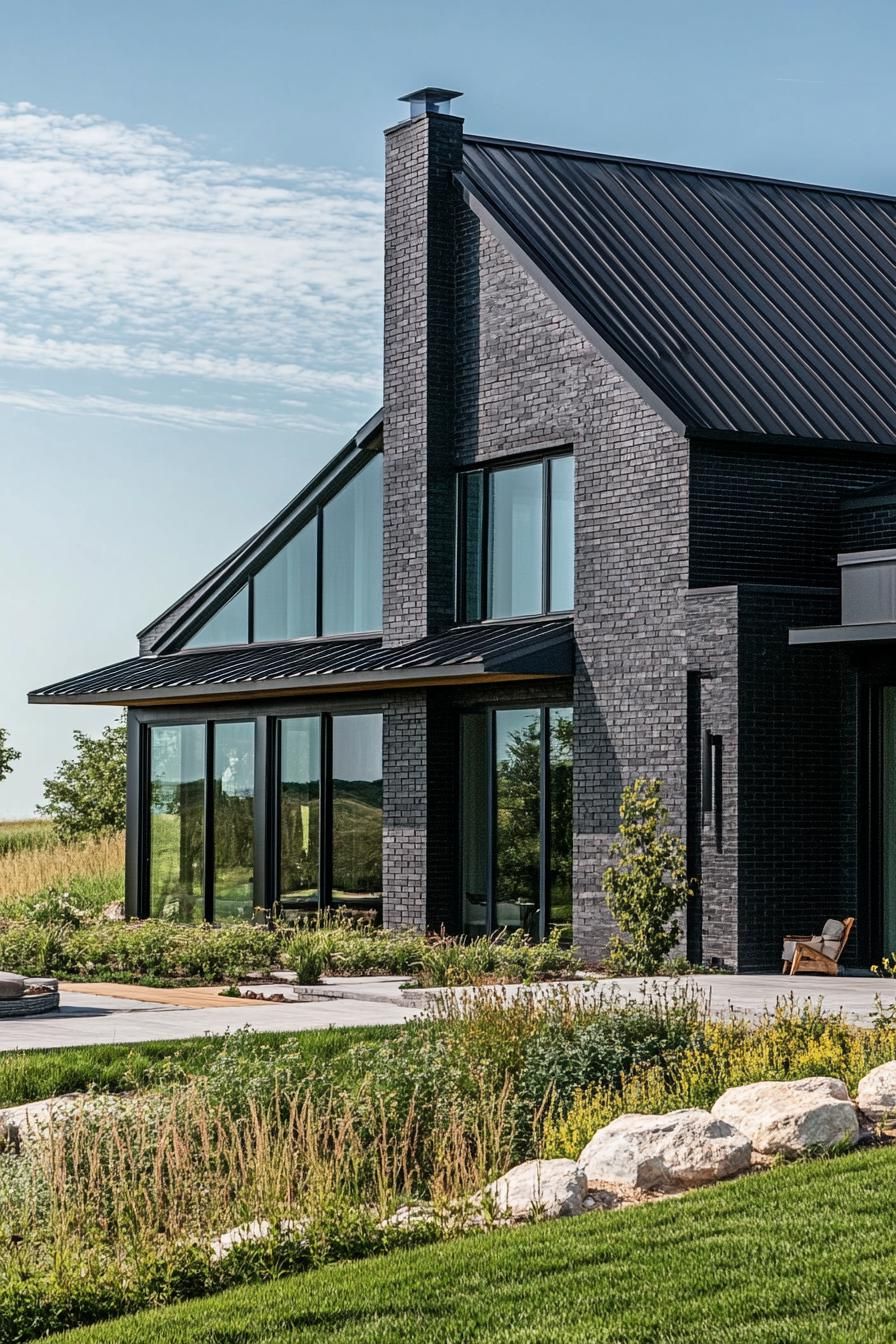 modern barndominium home black brick facade and black metal roof stunning green hill landscape 2