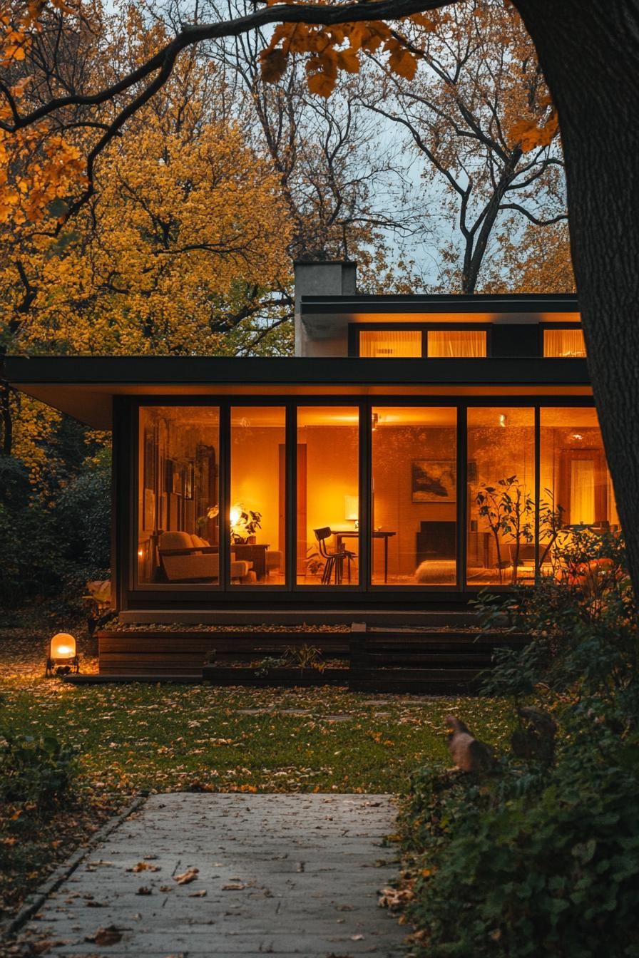 mid century modern and antique style house facade with LED vintage lanterns yard with trees in autumn 2