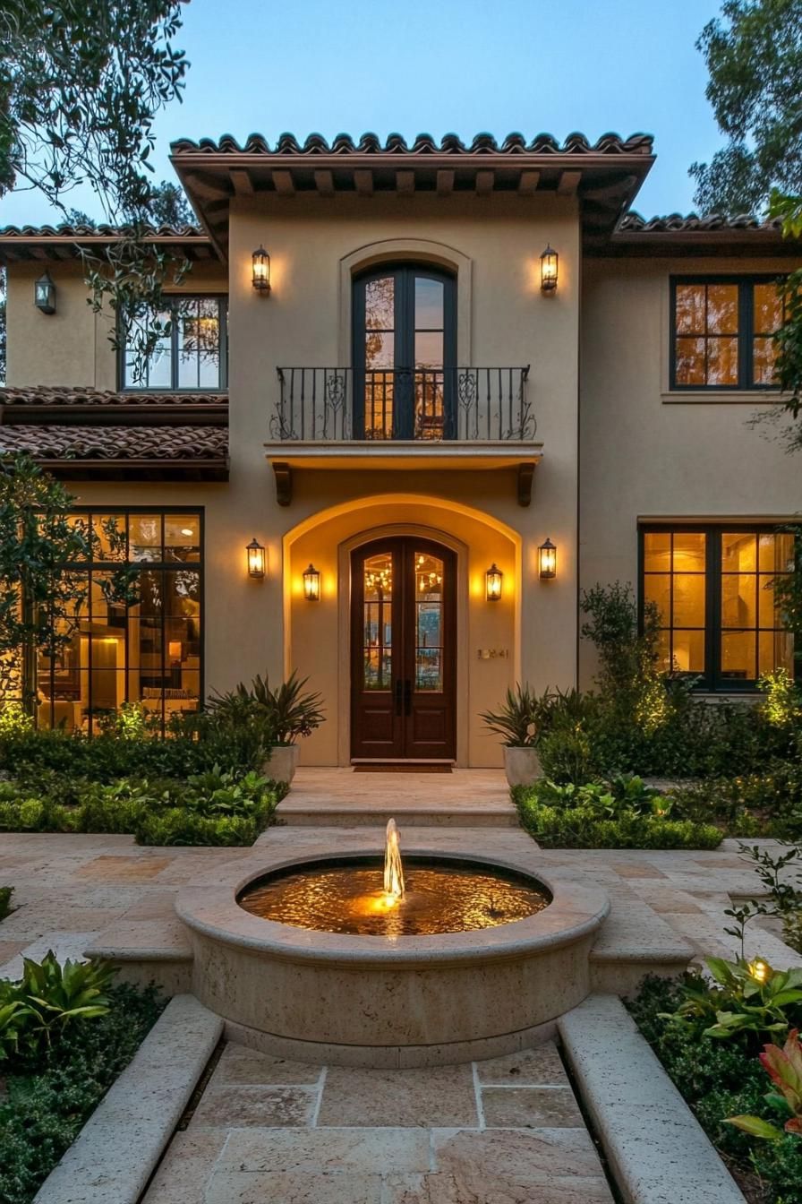 modern French mediterranean house front yard with a fountain 3