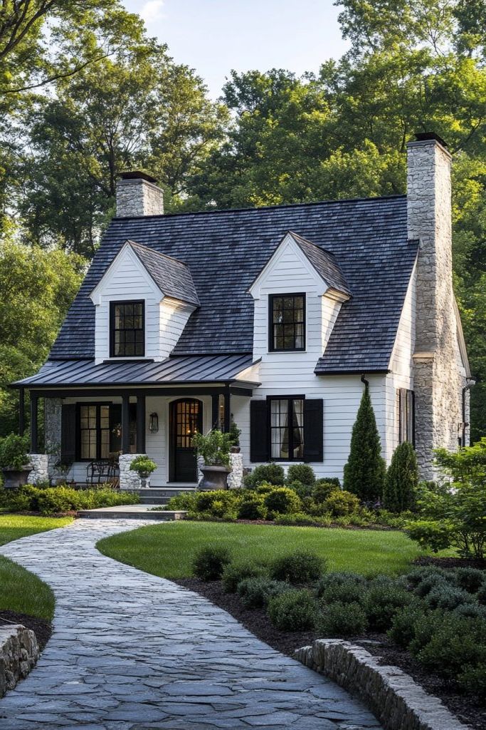 cottage house white slatted facade and black roof 2