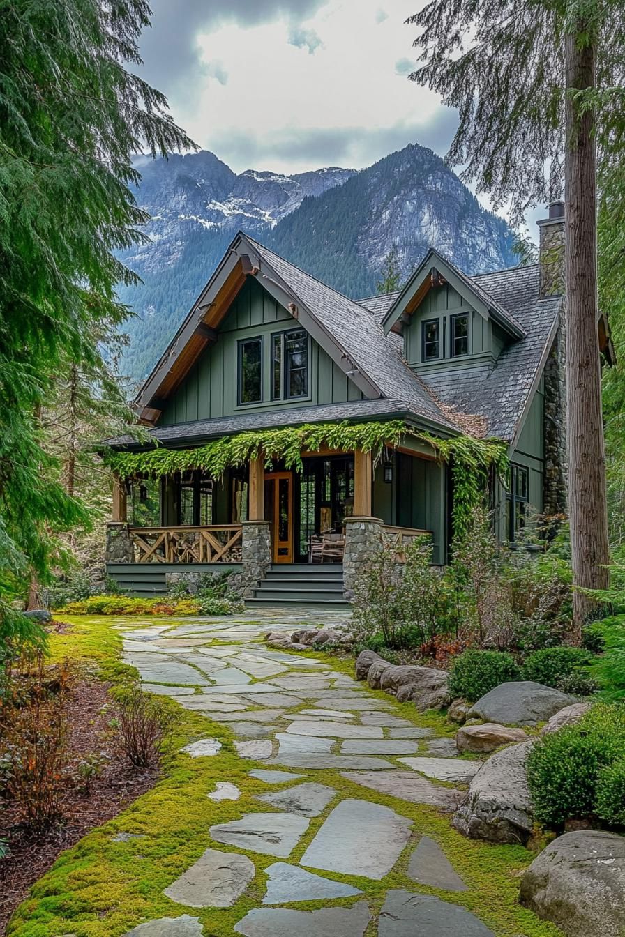modern cottage style mountain house with shy green siding grey multi pitched roof ivy trellis porch mossy stone paved yard tall pines around the 2