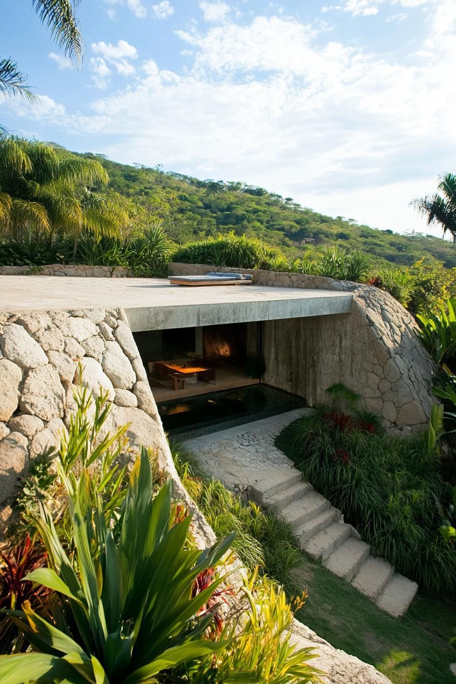 earth sheltered modern house built into hillside overlooking a tropical mountains
