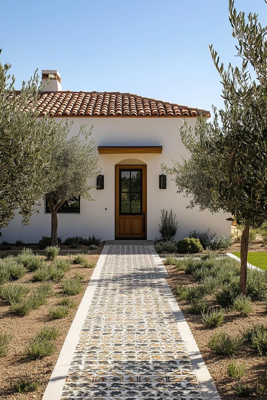 small modern mediterranean house with mosaic tile pathways and olive grove