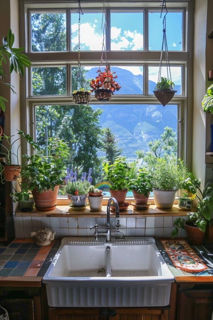 kitchen window sill with herbs and mountain views