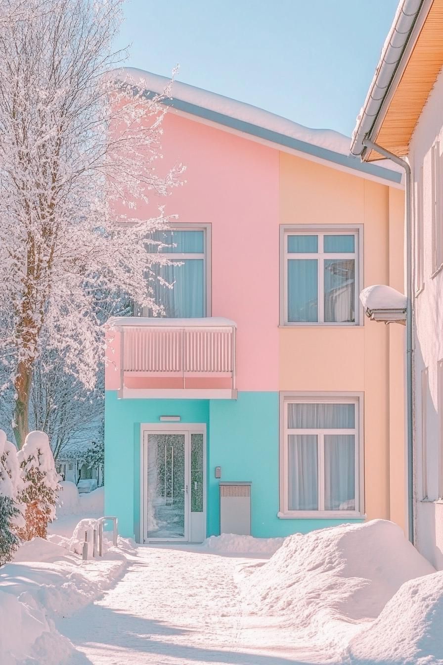 retro style modern house facade in pastel colors in winter 2