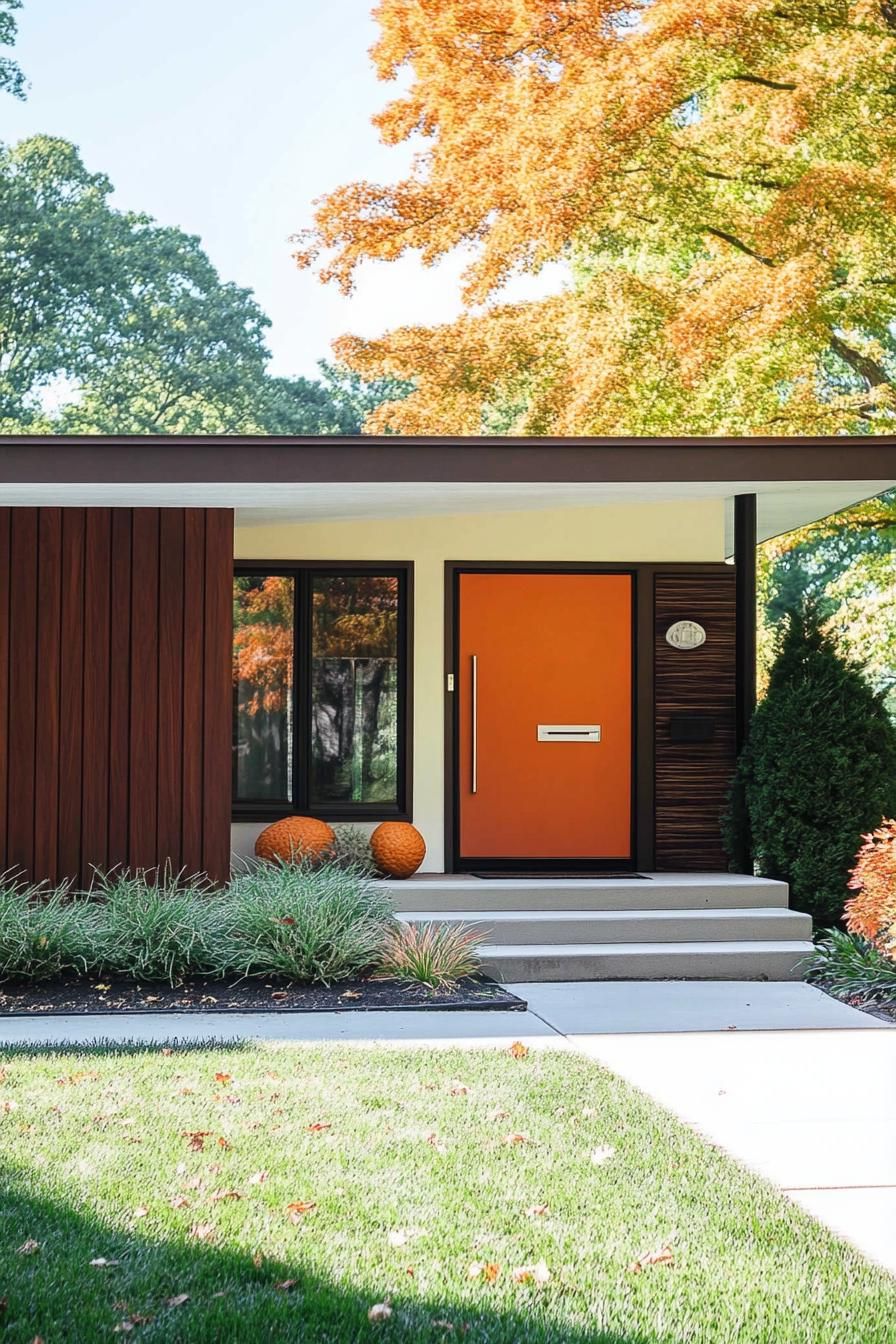 mid century modern house facade in rust orange and cream with dark wood panels 2