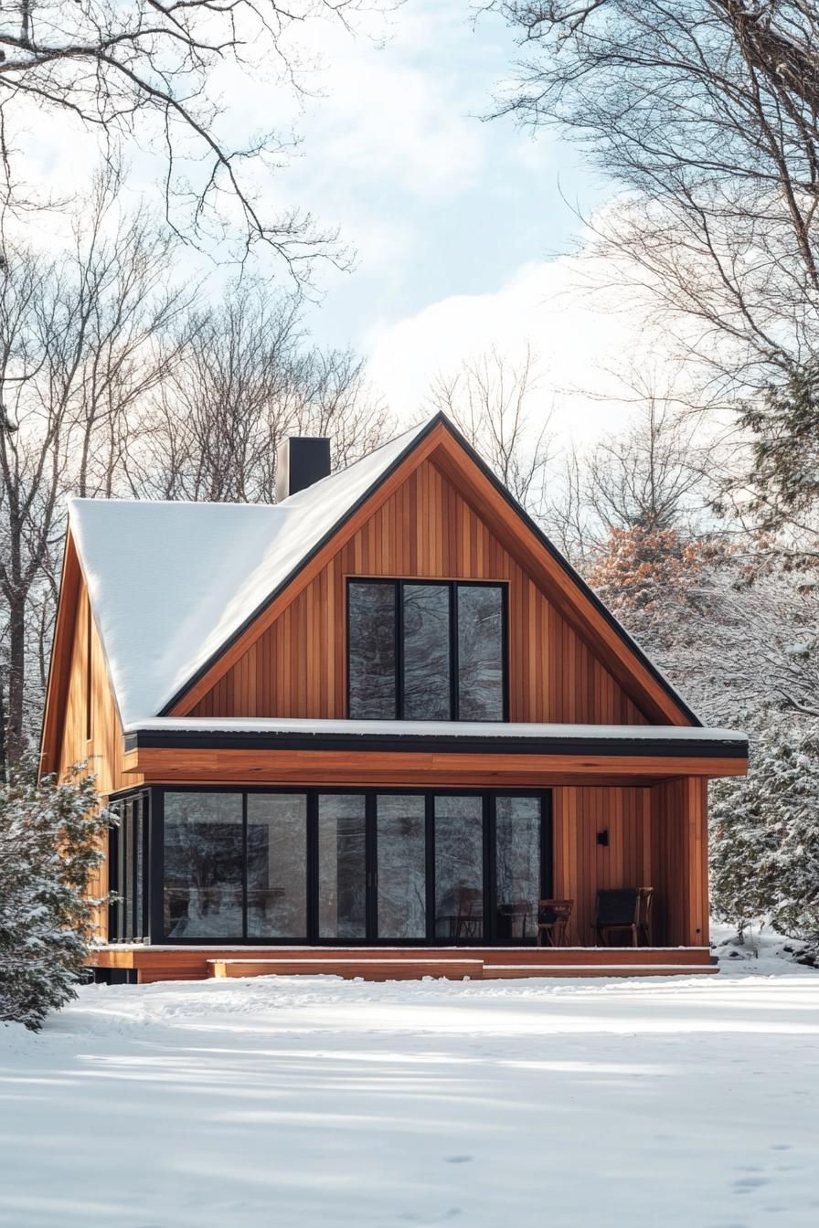 modern house with natural cedar shiplap exterior and full wall windows classic gable roof winter trees 3