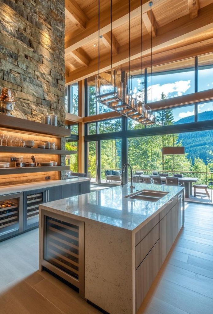 A contemporary kitchen blending raw natural elements with modern design. Expansive floor to ceiling windows flood the interior with natural light and 2