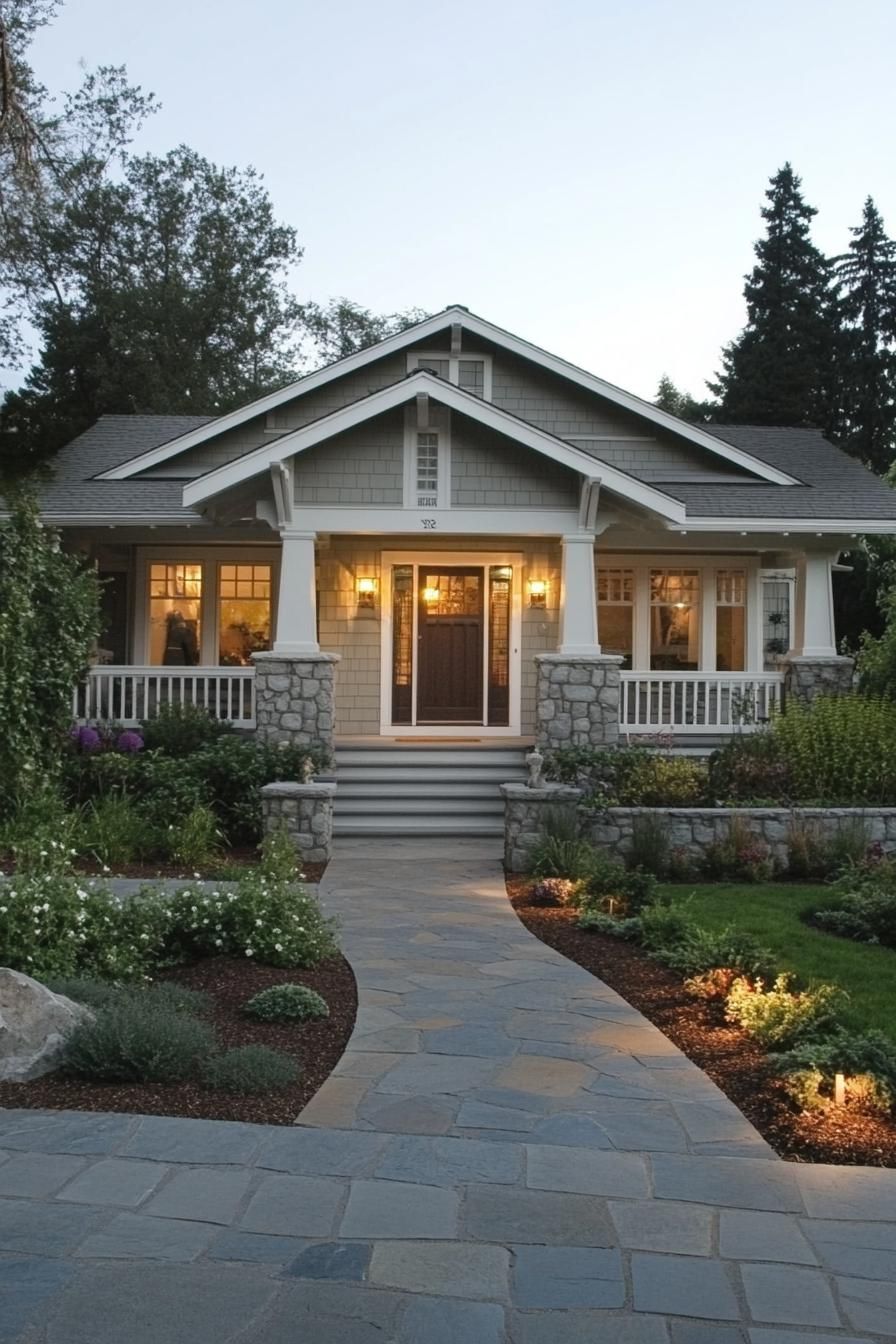 modern single story craftsman style house clapboard siding white trim porch with columns entry with steps nice landscape with stone paths and