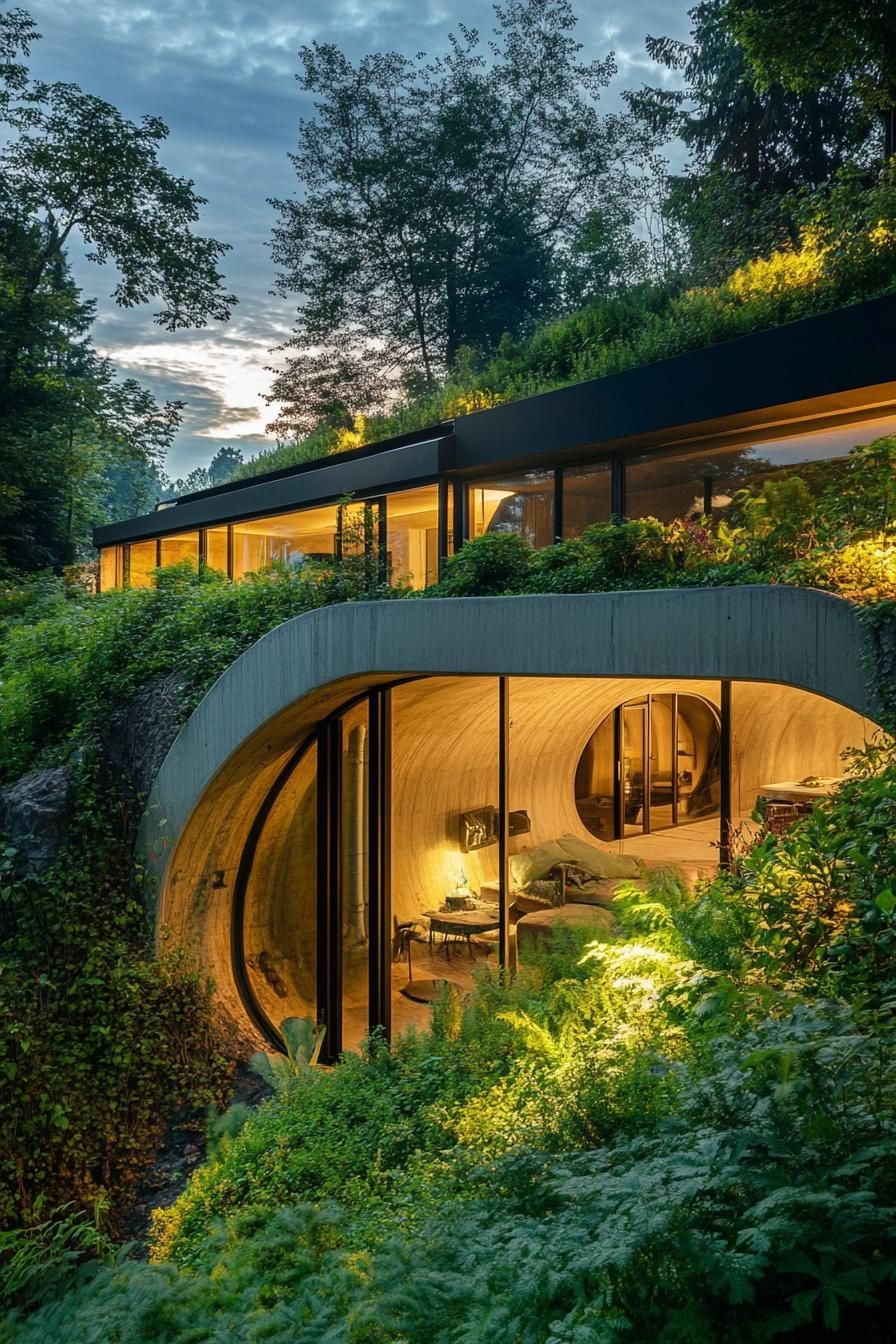 modern underground bunker house in mountain forest with lush garden yard