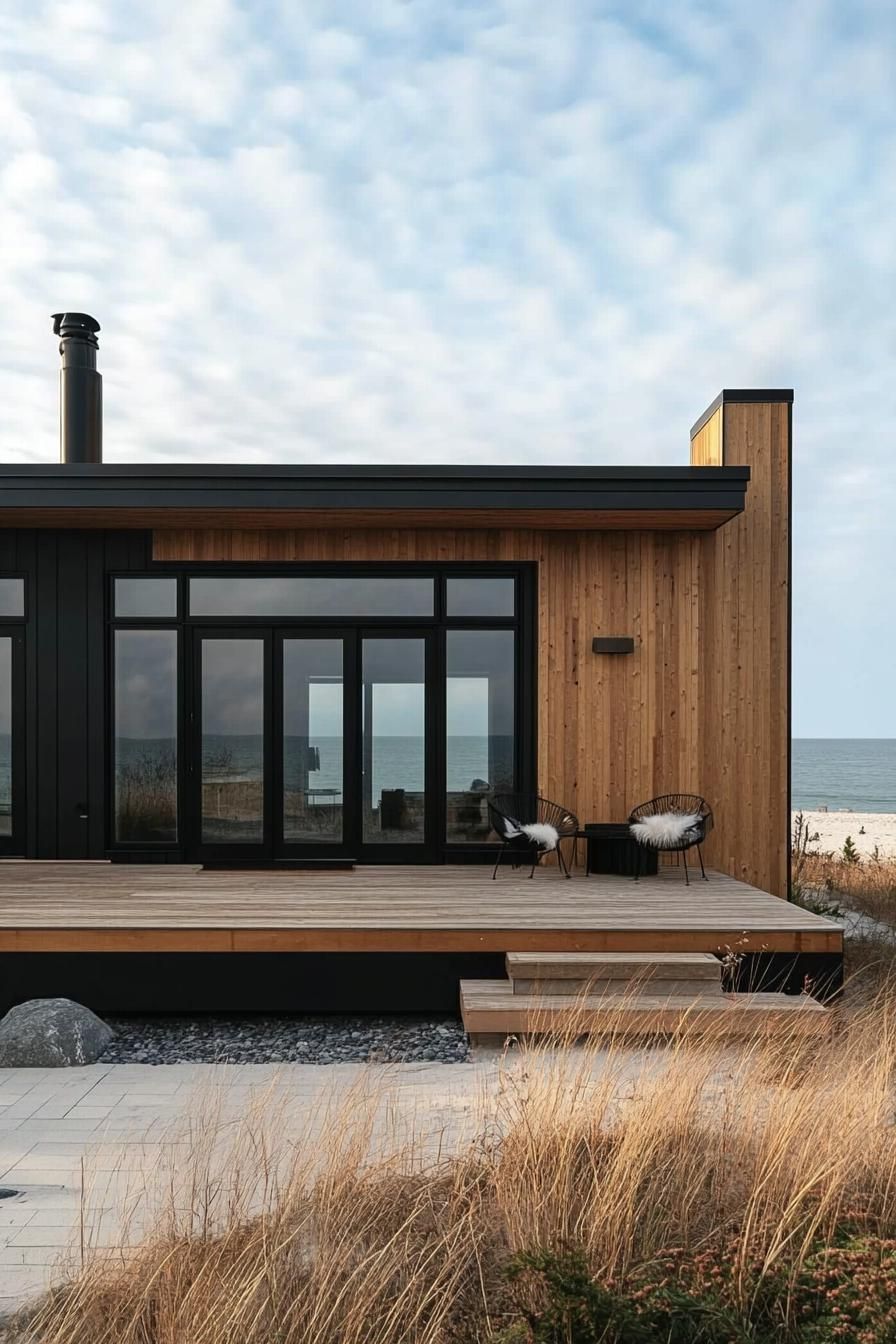 modern prefab small house facade with natural wood siding black trim and black flat roof on beachfront full house view 2