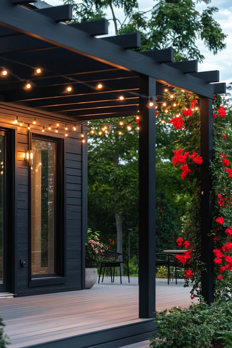 modern black house front porch with black pergola red climber flowers and string lights 3