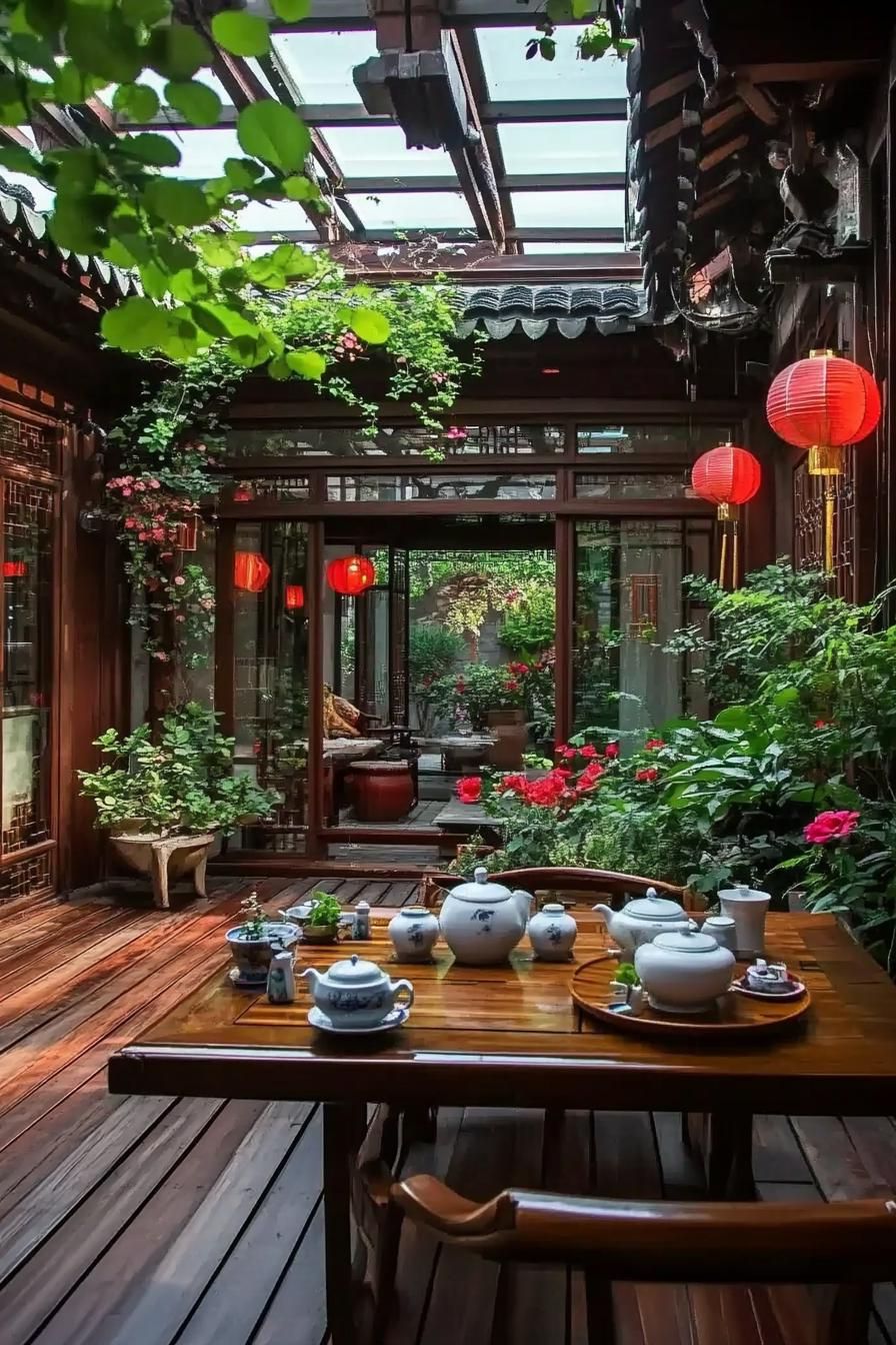chinese house courtyard with large wooden table set with tea pots and tea cups hardwood deck there are plants and flowers roof with framed glass 2