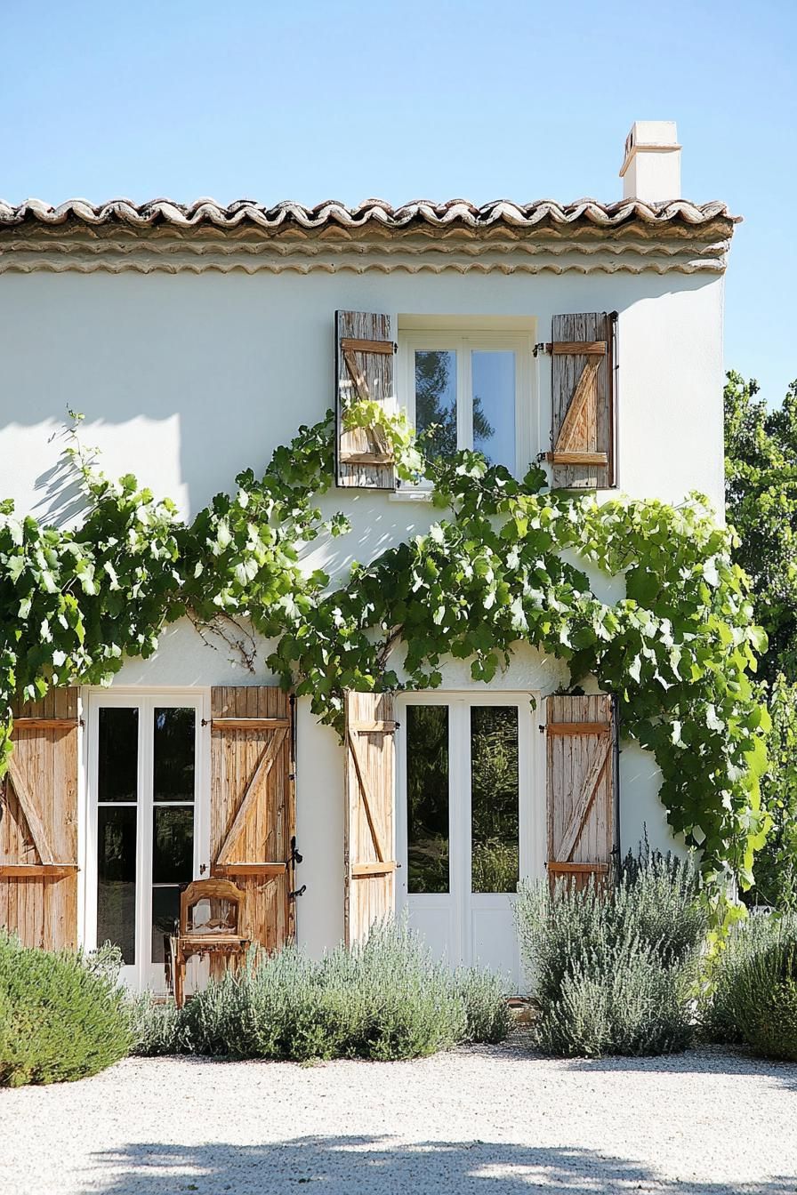 modern French mediterranean house facade with shutters and climbing grape vines