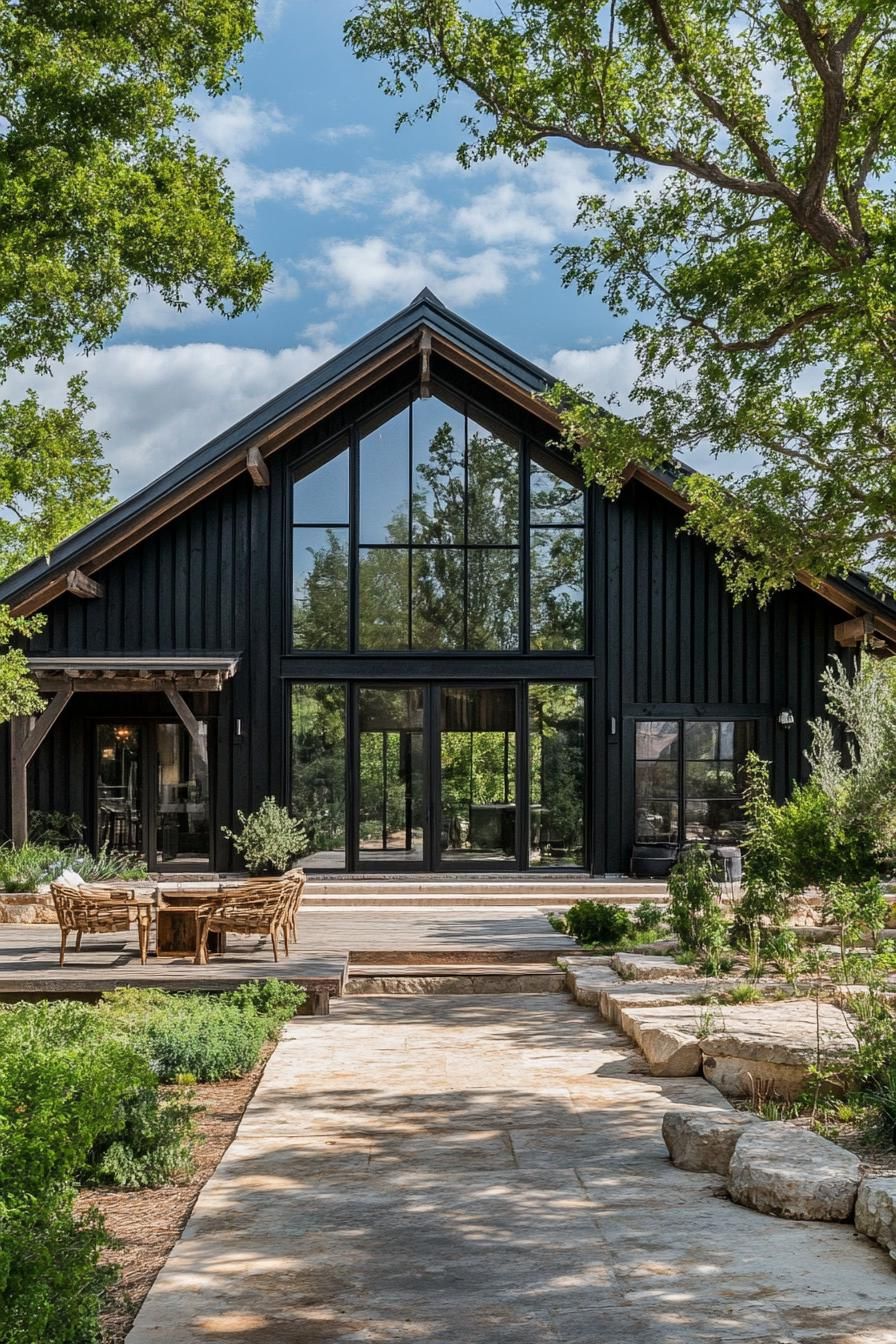 modern barndominium house black shiplap exterior with dark wood beams 2