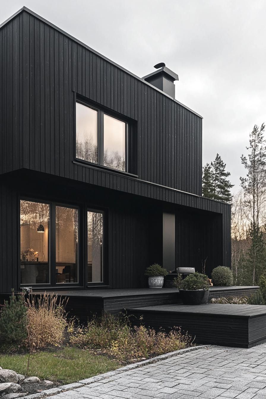 modern house facade with black wooden siding on ebony brick foundation in Scandinavian mountains area
