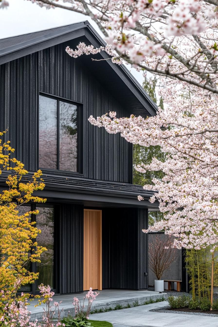 modern japanese style timber frame house facade with charred black wood Siding front yard with blossoming cherry trees 2